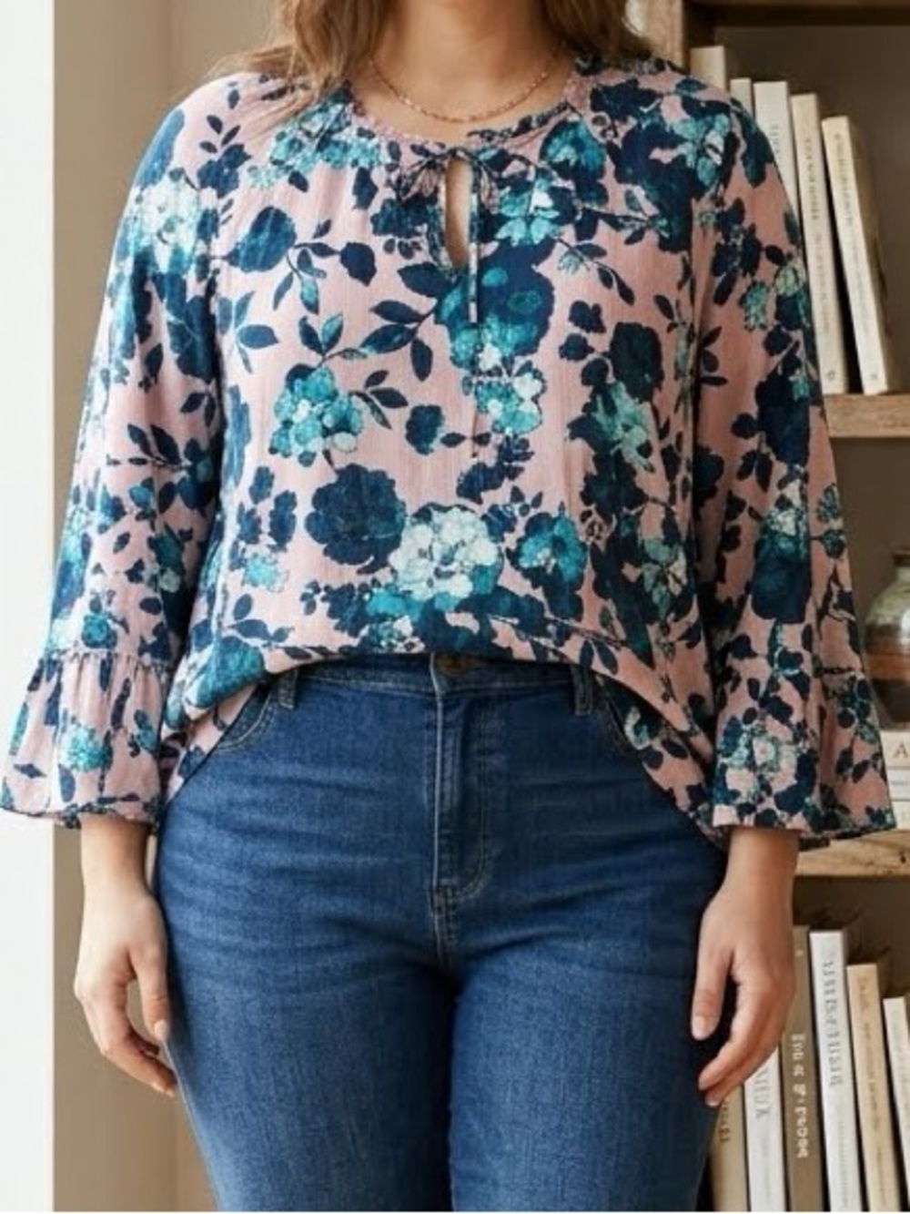 J. Jill Beautiful Blooms Floral Blouse Boho Ruffle Bell Sleeve Pink Navy Large